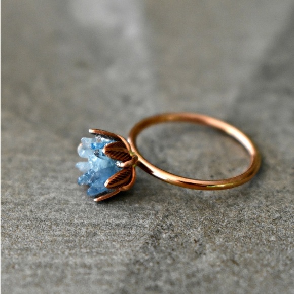 Handmade Copper and Raw Aquamarine Lotus Flower Ring - Picture 7 of 8